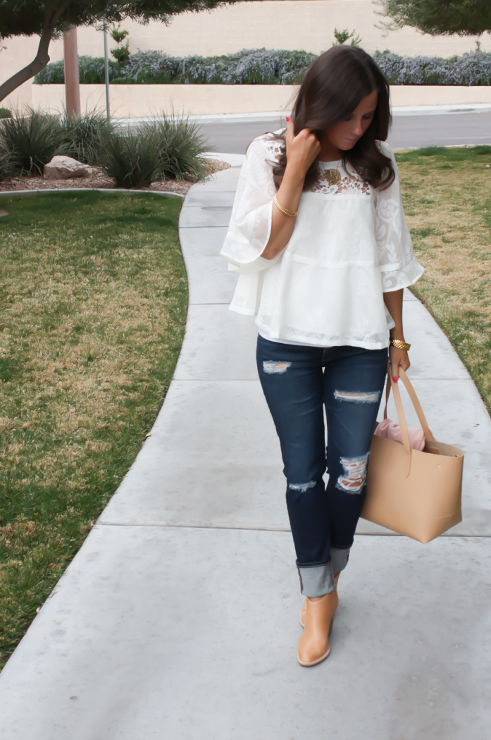 Ivory and Lace Peasant Blouse, Distressed Skinny Jeans, Tan Mules, Tan Tote, Anthropologie, AG Jeans, Dolce Vita, JCrew