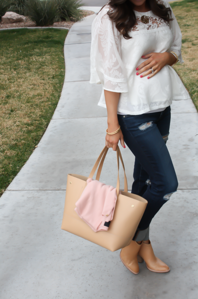 Ivory and Lace Peasant Blouse, Distressed Skinny Jeans, Tan Mules, Tan Tote, Anthropologie, AG Jeans, Dolce Vita, JCrew 8