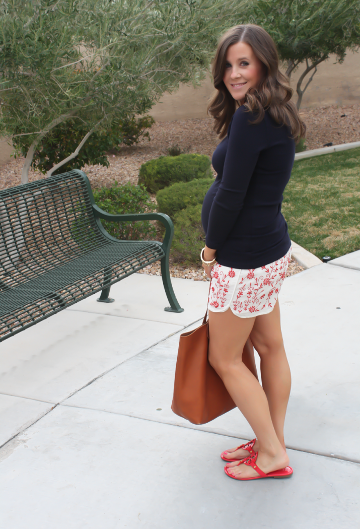 Ivory and Red Embroidered Shorts, Navy Three Quarter Sleeve Tee, Patent Red Sandals, Cognac Tote, Revolve Clothing, Tolani, J.Crew, Tory Burch, Madewell 16