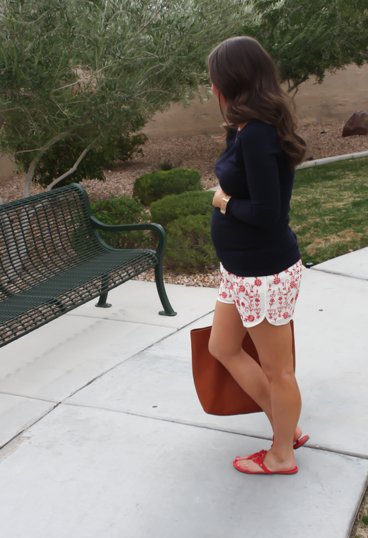 Ivory and Red Embroidered Shorts, Navy Three Quarter Sleeve Tee, Patent Red Sandals, Cognac Tote, Revolve Clothing, Tolani, J.Crew, Tory Burch, Madewell 17