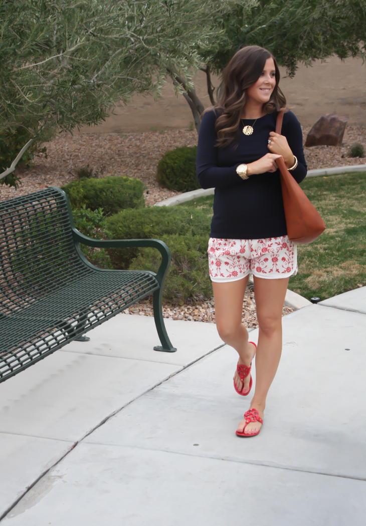 Ivory and Red Embroidered Shorts, Navy Three Quarter Sleeve Tee, Patent Red Sandals, Cognac Tote, Revolve Clothing, Tolani, J.Crew, Tory Burch, Madewell 18