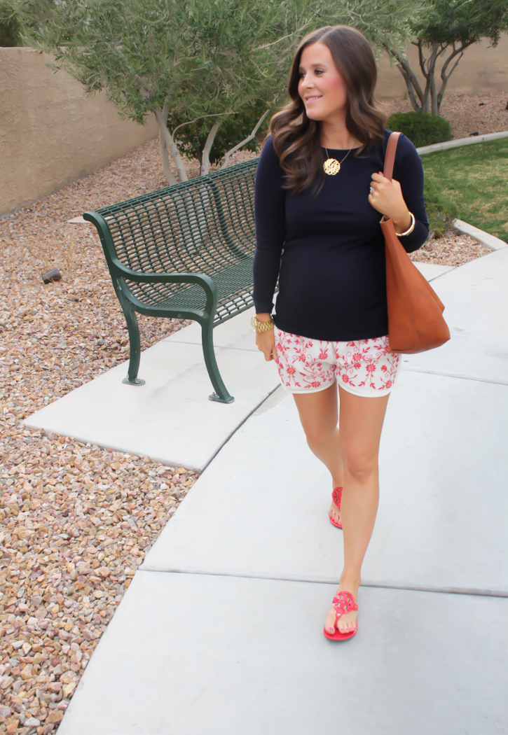 Ivory and Red Embroidered Shorts, Navy Three Quarter Sleeve Tee, Patent Red Sandals, Cognac Tote, Revolve Clothing, Tolani, J.Crew, Tory Burch, Madewell 20