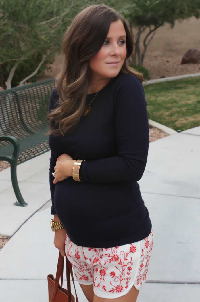 Ivory and Red Embroidered Shorts, Navy Three Quarter Sleeve Tee, Patent Red Sandals, Cognac Tote, Revolve Clothing, Tolani, J.Crew, Tory Burch, Madewell 24