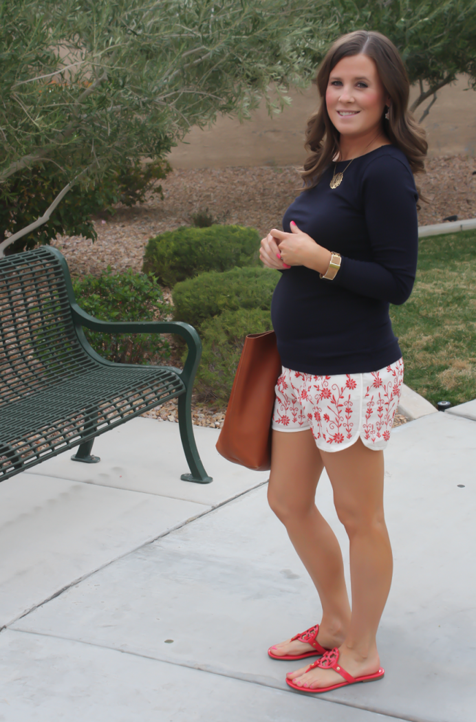 Ivory and Red Embroidered Shorts, Navy Three Quarter Sleeve Tee, Patent Red Sandals, Cognac Tote, Revolve Clothing, Tolani, J.Crew, Tory Burch, Madewell 3