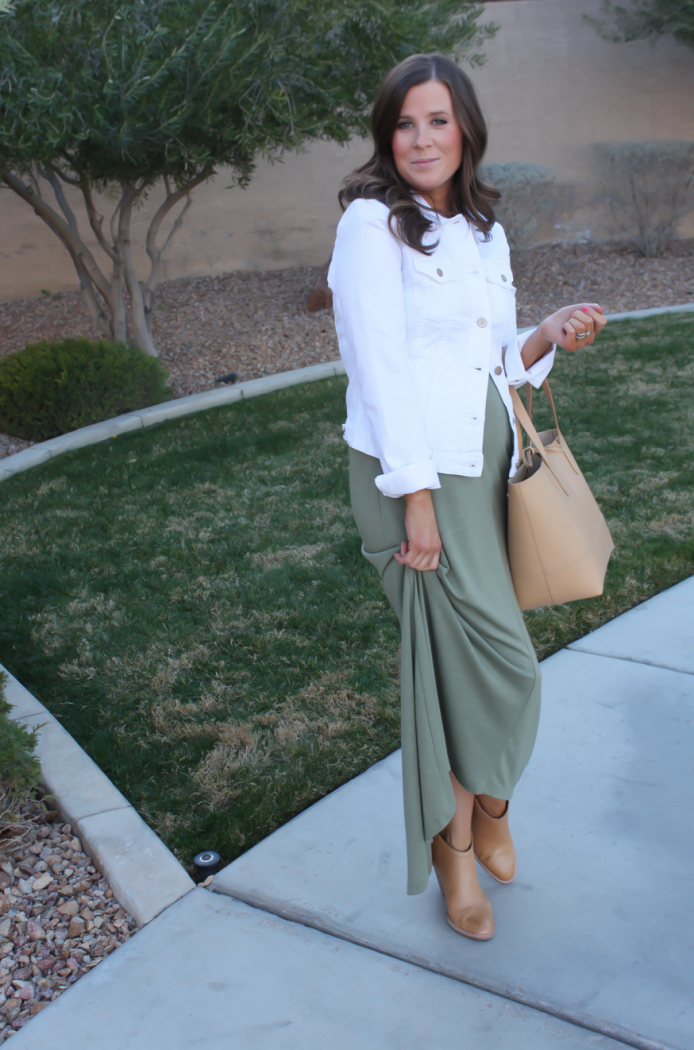 Light Green Hi:Lo Maxi Dress, White Denim Jacket, Tan Mules, Tan Tote, Old Navy, Gap, Dolce Vita, J.Crew 12