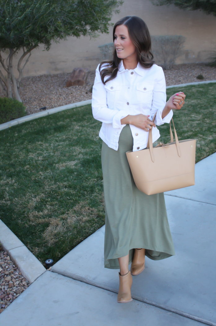 Light Green Hi:Lo Maxi Dress, White Denim Jacket, Tan Mules, Tan Tote, Old Navy, Gap, Dolce Vita, J.Crew 13