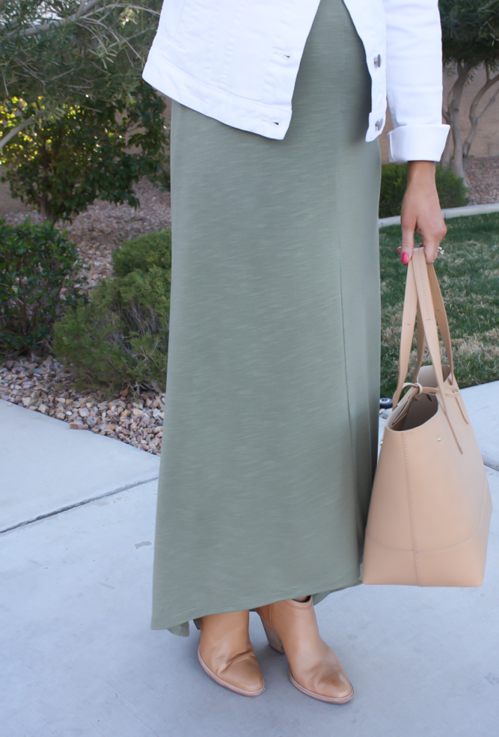 Light Green Hi:Lo Maxi Dress, White Denim Jacket, Tan Mules, Tan Tote, Old Navy, Gap, Dolce Vita, J.Crew 16