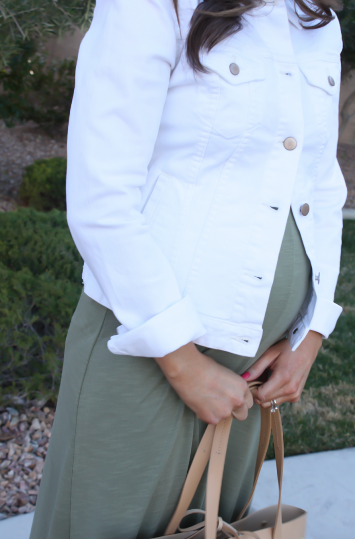 Light Green Hi:Lo Maxi Dress, White Denim Jacket, Tan Mules, Tan Tote, Old Navy, Gap, Dolce Vita, J.Crew 18