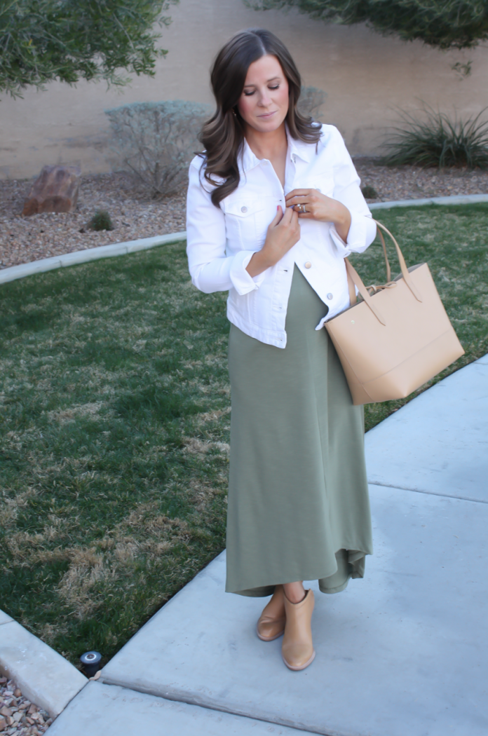 Light Green Hi:Lo Maxi Dress, White Denim Jacket, Tan Mules, Tan Tote, Old Navy, Gap, Dolce Vita, J.Crew 2