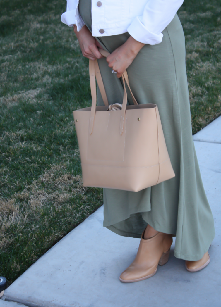 Light Green Hi:Lo Maxi Dress, White Denim Jacket, Tan Mules, Tan Tote, Old Navy, Gap, Dolce Vita, J.Crew 8