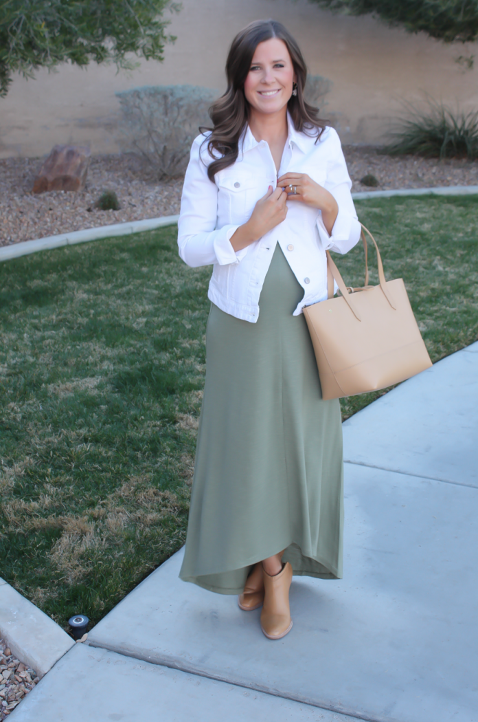 Light Green Hi:Lo Maxi Dress, White Denim Jacket, Tan Mules, Tan Tote, Old Navy, Gap, Dolce Vita, J.Crew