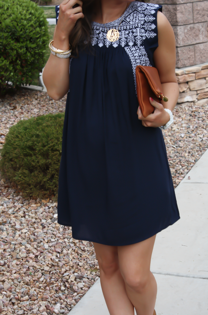 Navy Embroidered Dress, Cognac WEdge Sandals, Cognac Foldover Clutch, White Ceramic Watch, Forever 21, J.Crew, Clare V, Michael Kors  2