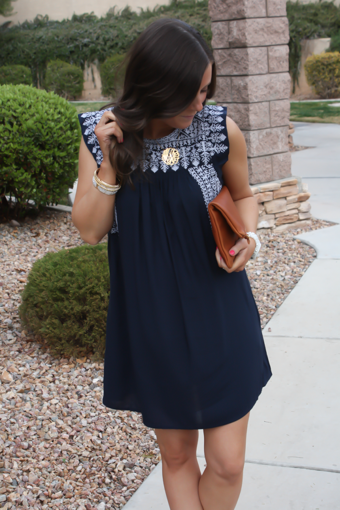 Navy Embroidered Dress, Cognac WEdge Sandals, Cognac Foldover Clutch, White Ceramic Watch, Forever 21, J.Crew, Clare V, Michael Kors  3