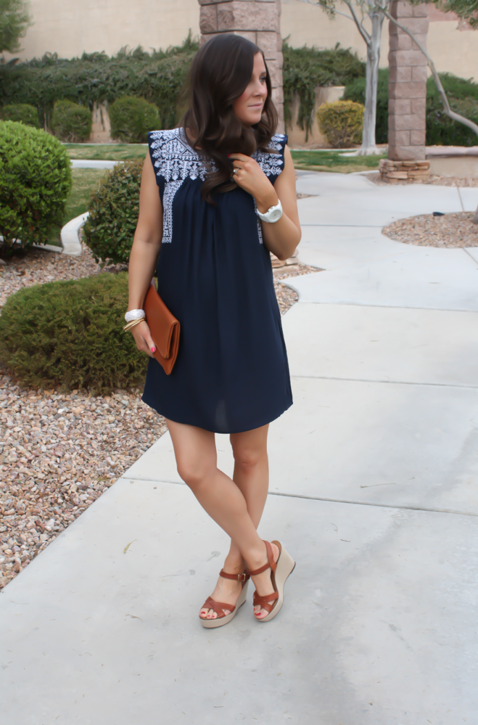 Navy Embroidered Dress, Cognac WEdge Sandals, Cognac Foldover Clutch, White Ceramic Watch, Forever 21, J.Crew, Clare V, Michael Kors  4