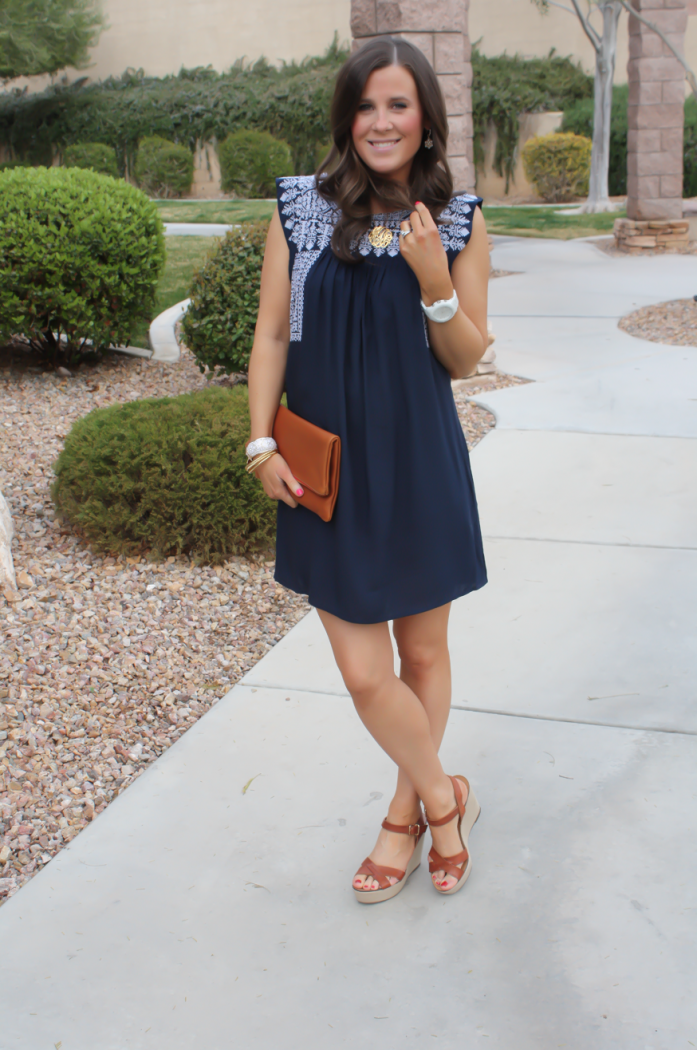 Navy Embroidered Dress, Cognac WEdge Sandals, Cognac Foldover Clutch, White Ceramic Watch, Forever 21, J.Crew, Clare V, Michael Kors  5