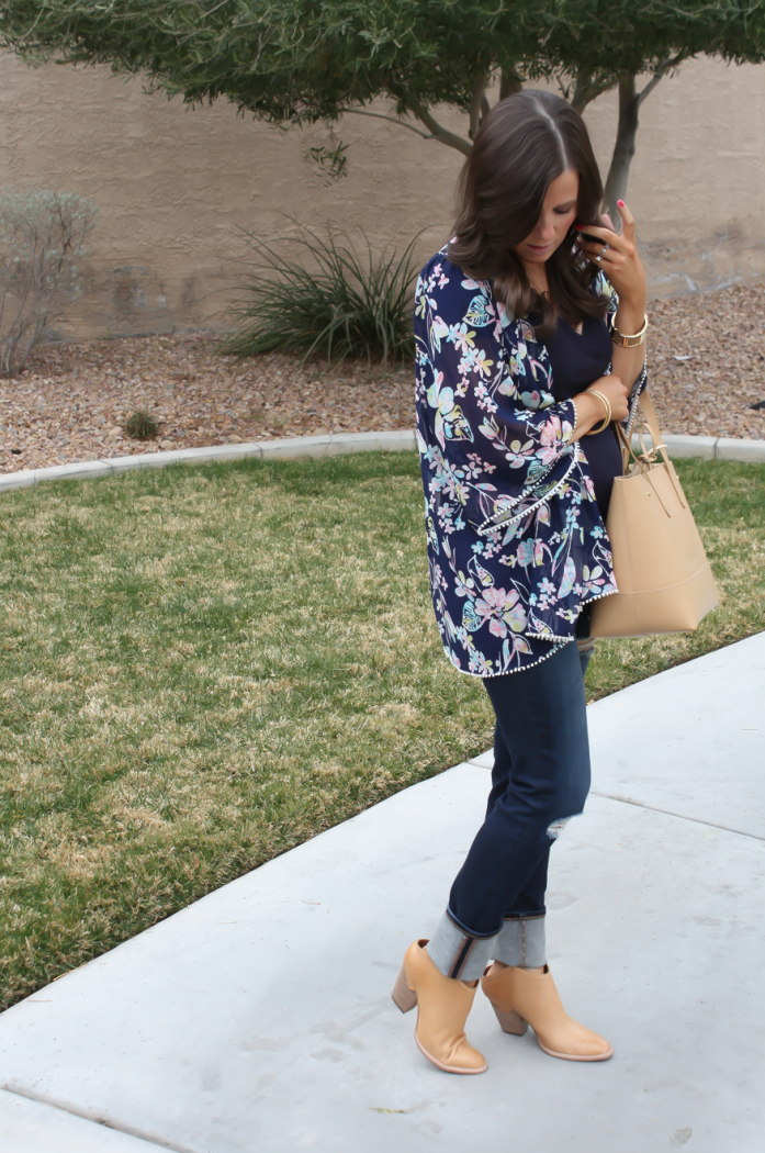 Navy Floral Kimono, Navy Tee, Distressed Skinny Jeans, Tan Mules, Tan Tote, Forever 21, J.Crew, AG Jeans, Dolce Vita 10