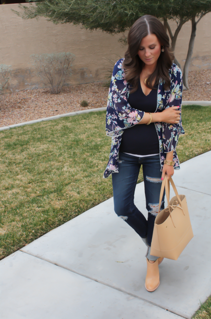 Navy Floral Kimono, Navy Tee, Distressed Skinny Jeans, Tan Mules, Tan Tote, Forever 21, J.Crew, AG Jeans, Dolce Vita 2
