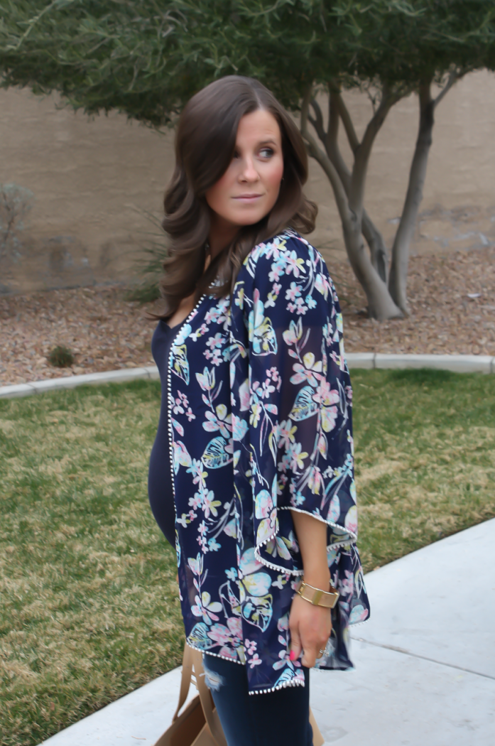 Navy Floral Kimono, Navy Tee, Distressed Skinny Jeans, Tan Mules, Tan Tote, Forever 21, J.Crew, AG Jeans, Dolce Vita 4