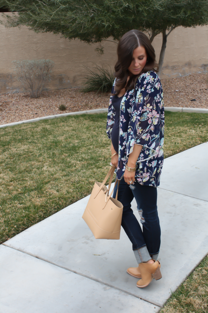 Navy Floral Kimono, Navy Tee, Distressed Skinny Jeans, Tan Mules, Tan Tote, Forever 21, J.Crew, AG Jeans, Dolce Vita 6