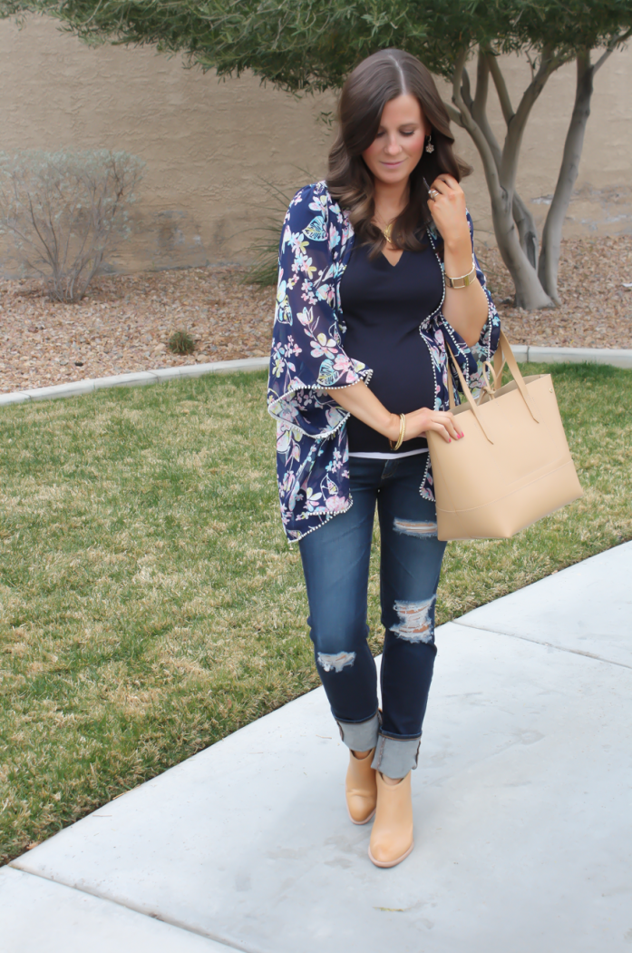 Navy Floral Kimono, Navy Tee, Distressed Skinny Jeans, Tan Mules, Tan Tote, Forever 21, J.Crew, AG Jeans, Dolce Vita