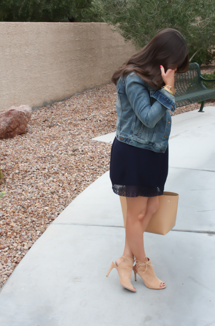 Navy Lace Panel Dress, Medium Wash Denim Jacket, Tan Cutout Suede Booties, Tan Tote, Forever 21, Gap, Joie, J.Crew 11