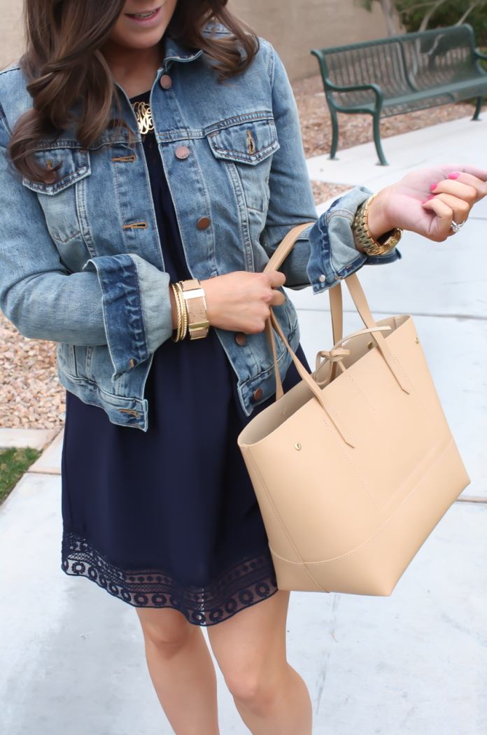 Premium Photo  Blue jean jacket and beige dress with tote bag on