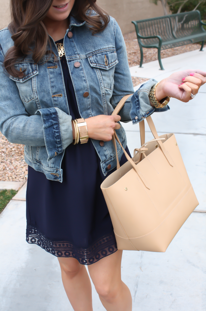 Navy Lace Panel Dress, Medium Wash Denim Jacket, Tan Cutout Suede Booties, Tan Tote, Forever 21, Gap, Joie, J.Crew 12