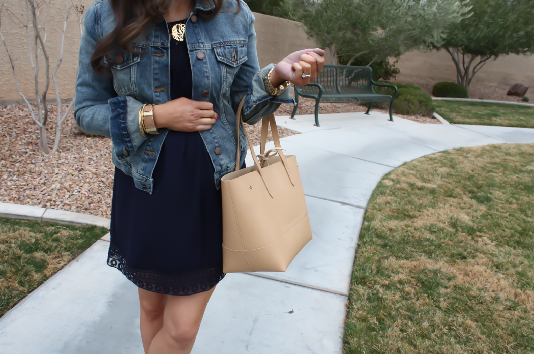 Navy Lace Panel Dress, Medium Wash Denim Jacket, Tan Cutout Suede Booties, Tan Tote, Forever 21, Gap, Joie, J.Crew 13