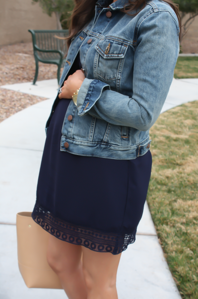 Navy Lace Panel Dress, Medium Wash Denim Jacket, Tan Cutout Suede Booties, Tan Tote, Forever 21, Gap, Joie, J.Crew 14