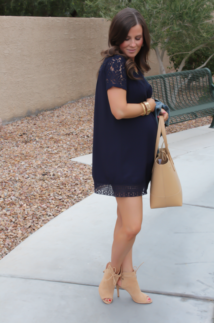 Navy Lace Panel Dress, Medium Wash Denim Jacket, Tan Cutout Suede Booties, Tan Tote, Forever 21, Gap, Joie, J.Crew 16