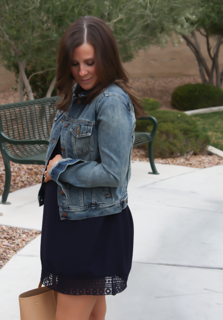 Navy Lace Panel Dress, Medium Wash Denim Jacket, Tan Cutout Suede Booties, Tan Tote, Forever 21, Gap, Joie, J.Crew 20