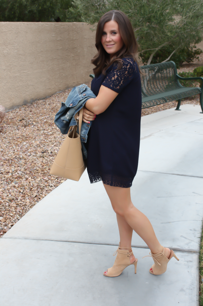 Navy Lace Panel Dress, Medium Wash Denim Jacket, Tan Cutout Suede Booties, Tan Tote, Forever 21, Gap, Joie, J.Crew 4