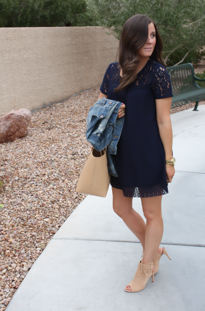 Navy Lace Panel Dress, Medium Wash Denim Jacket, Tan Cutout Suede Booties, Tan Tote, Forever 21, Gap, Joie, J.Crew 5