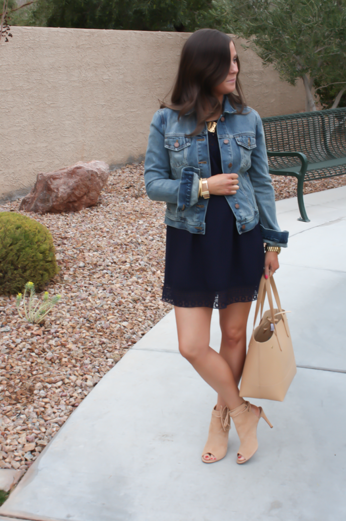 Navy Lace Panel Dress, Medium Wash Denim Jacket, Tan Cutout Suede Booties, Tan Tote, Forever 21, Gap, Joie, J.Crew  9