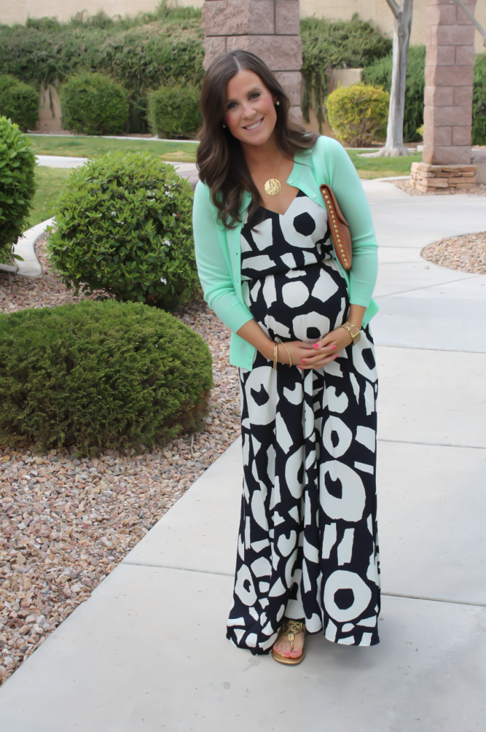 Navy Print Maxi Dress, Lime Green Cashmere Cardigan, Gold Sandals, Cognac Clutch with Gold Studs, Loft, J.Crew, Tory Burch, Madewell, Jennifer Zeuner