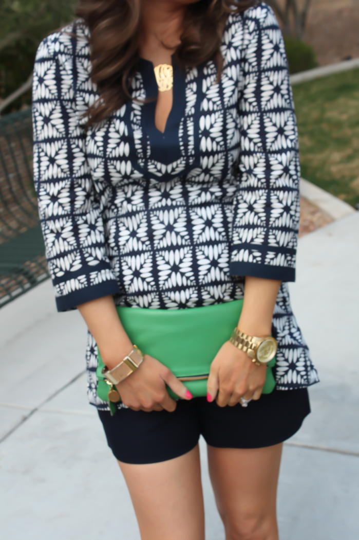 Navy and White Tunic, Navy Shorts, Cognac Wedge Sandals, Emerald Green Foldover Clutch, J.Crew Factory, J.Crew, Clare V 13
