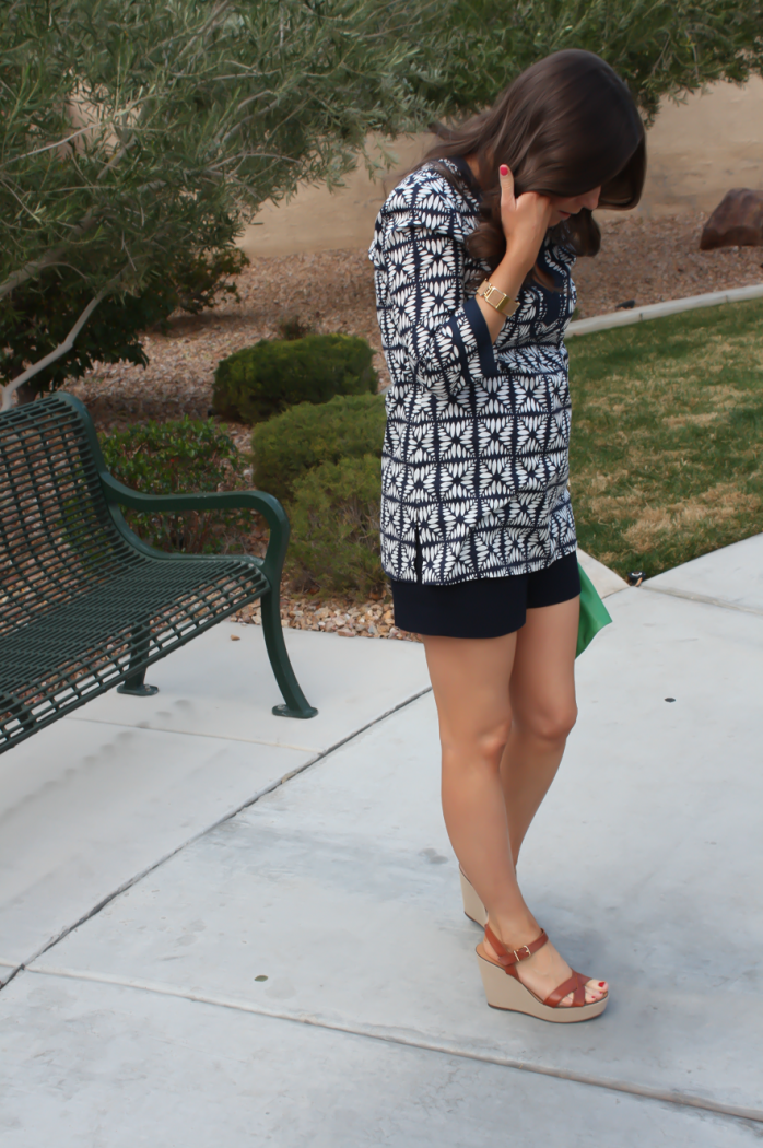 Navy and White Tunic, Navy Shorts, Cognac Wedge Sandals, Emerald Green Foldover Clutch, J.Crew Factory, J.Crew, Clare V 14