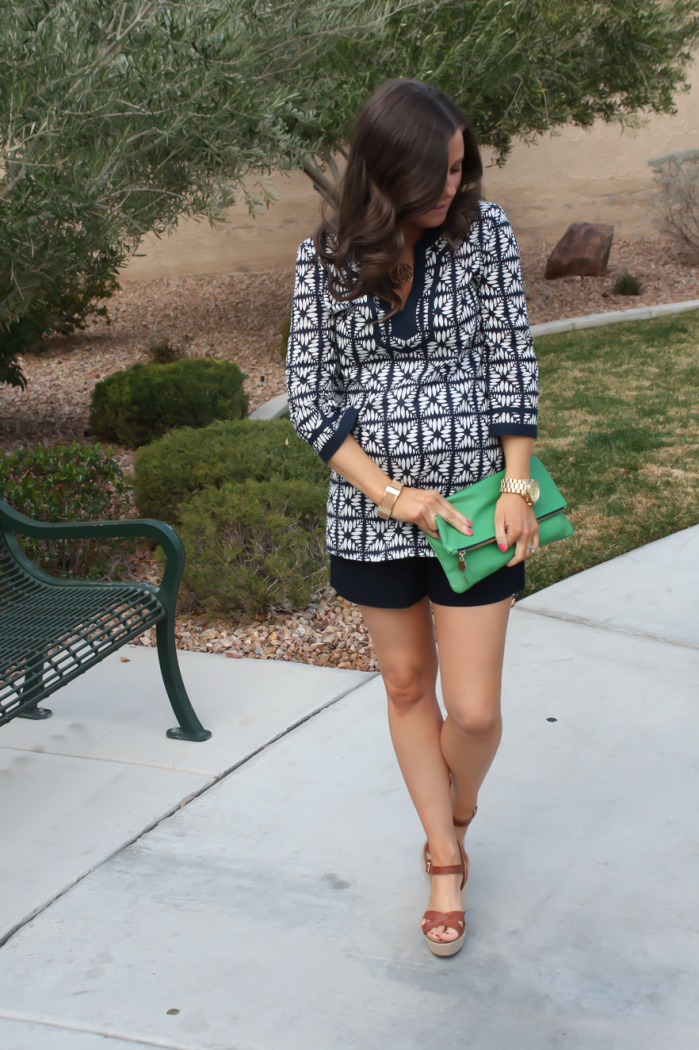 Navy and White Tunic, Navy Shorts, Cognac Wedge Sandals, Emerald Green Foldover Clutch, J.Crew Factory, J.Crew, Clare V 4