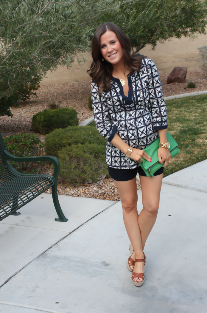 Navy and White Tunic, Navy Shorts, Cognac Wedge Sandals, Emerald Green Foldover Clutch, J.Crew Factory, J.Crew, Clare V 5