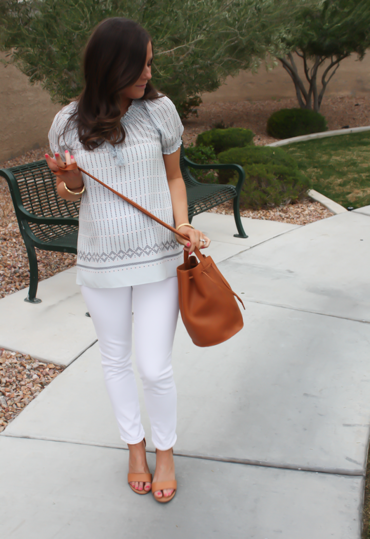 Printed Short Sleeve Light Blue Blouse, White Denim Cropped Skinny Jeans, Tan Wedge Espdrilles, Tan Bucket Bag, Joie, Seven for All Mankind, Seychelles, Baggu 10