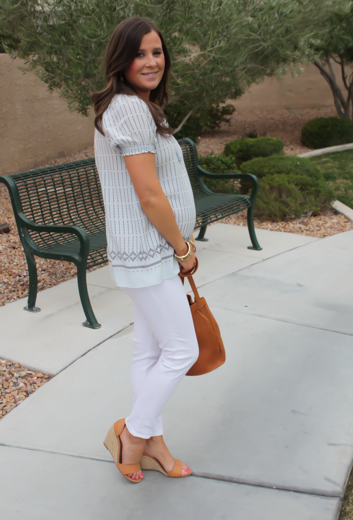 Printed Short Sleeve Light Blue Blouse, White Denim Cropped Skinny Jeans, Tan Wedge Espdrilles, Tan Bucket Bag, Joie, Seven for All Mankind, Seychelles, Baggu 11