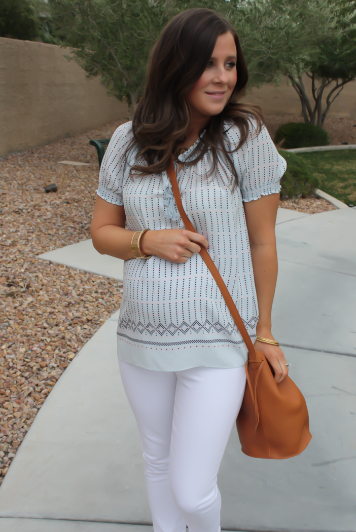 Printed Short Sleeve Light Blue Blouse, White Denim Cropped Skinny Jeans, Tan Wedge Espdrilles, Tan Bucket Bag, Joie, Seven for All Mankind, Seychelles, Baggu 15