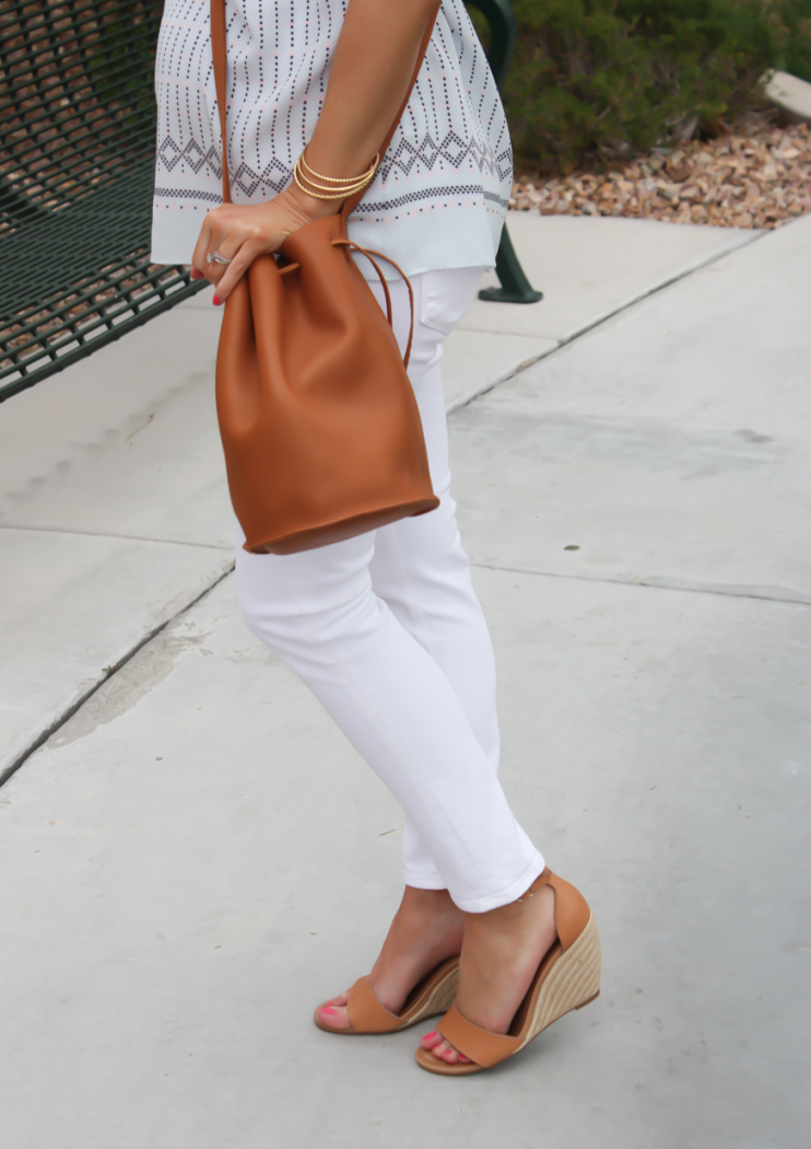 Printed Short Sleeve Light Blue Blouse, White Denim Cropped Skinny Jeans, Tan Wedge Espdrilles, Tan Bucket Bag, Joie, Seven for All Mankind, Seychelles, Baggu 2