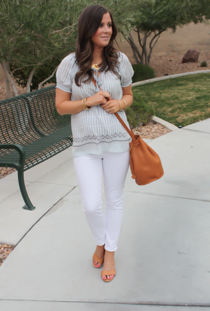 Printed Short Sleeve Light Blue Blouse, White Denim Cropped Skinny Jeans, Tan Wedge Espdrilles, Tan Bucket Bag, Joie, Seven for All Mankind, Seychelles, Baggu 3