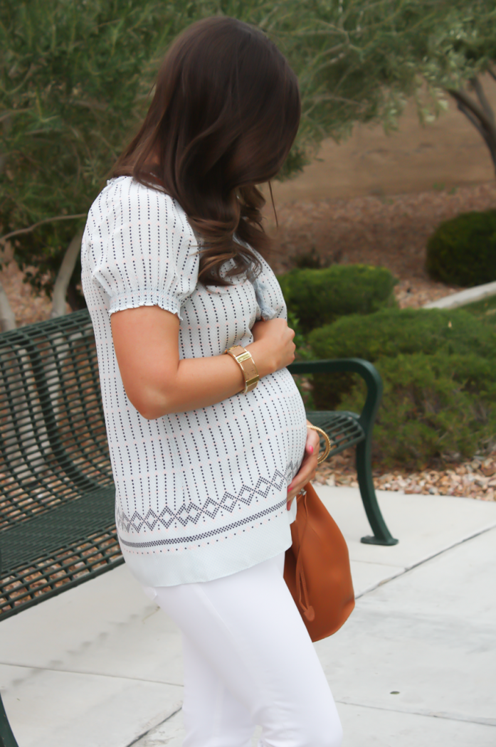 Printed Short Sleeve Light Blue Blouse, White Denim Cropped Skinny Jeans, Tan Wedge Espdrilles, Tan Bucket Bag, Joie, Seven for All Mankind, Seychelles, Baggu 4