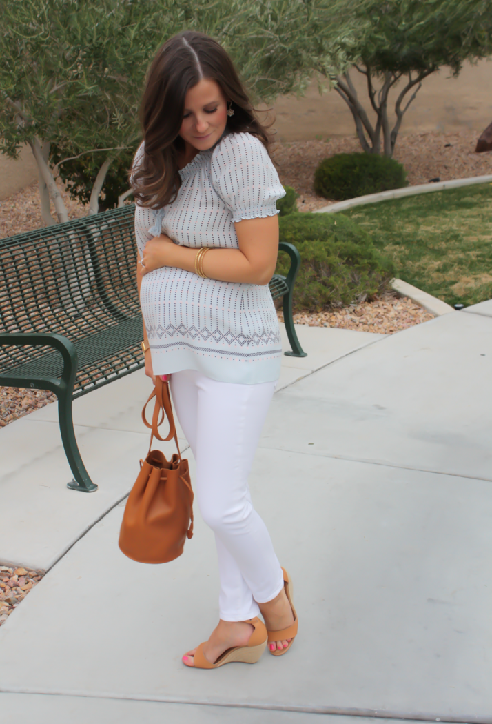 Printed Short Sleeve Light Blue Blouse, White Denim Cropped Skinny Jeans, Tan Wedge Espdrilles, Tan Bucket Bag, Joie, Seven for All Mankind, Seychelles, Baggu 6