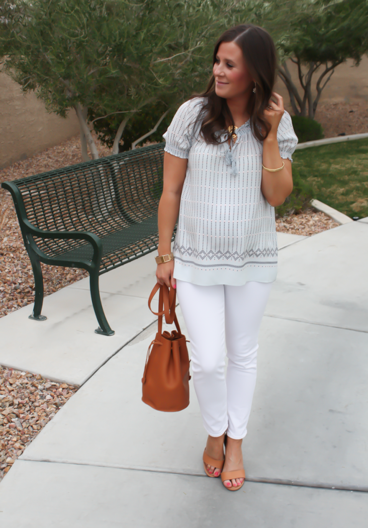 Printed Short Sleeve Light Blue Blouse, White Denim Cropped Skinny Jeans, Tan Wedge Espdrilles, Tan Bucket Bag, Joie, Seven for All Mankind, Seychelles, Baggu 7