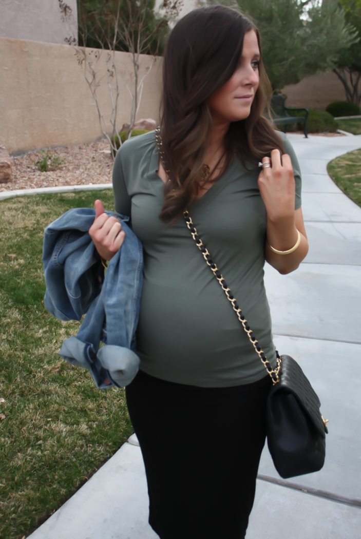 Toggery Brand Perfect Tee, Gap Denim Jacket, Banana Republic Midi Pencil Skirt,  Banana Republic Mules, Chanel Quilted Jumbo Flap 10