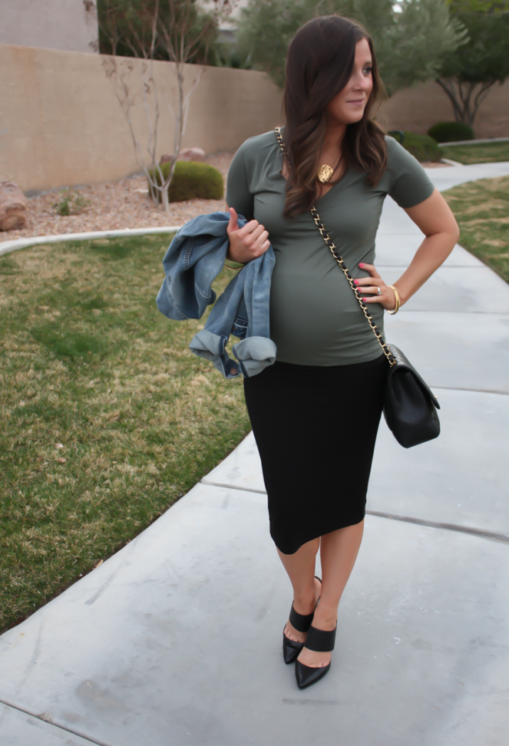 Toggery Brand Perfect Tee, Gap Denim Jacket, Banana Republic Midi Pencil Skirt,  Banana Republic Mules, Chanel Quilted Jumbo Flap 11