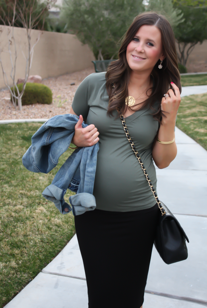 Toggery Brand Perfect Tee, Gap Denim Jacket, Banana Republic Midi Pencil Skirt,  Banana Republic Mules, Chanel Quilted Jumbo Flap 12